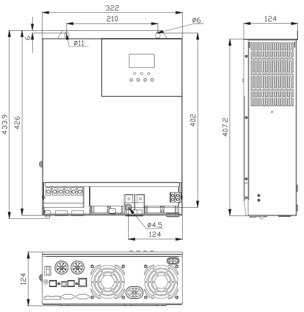 Manual Inversor Carregador Híbrido SRNE HF 4 Dimensões HF48