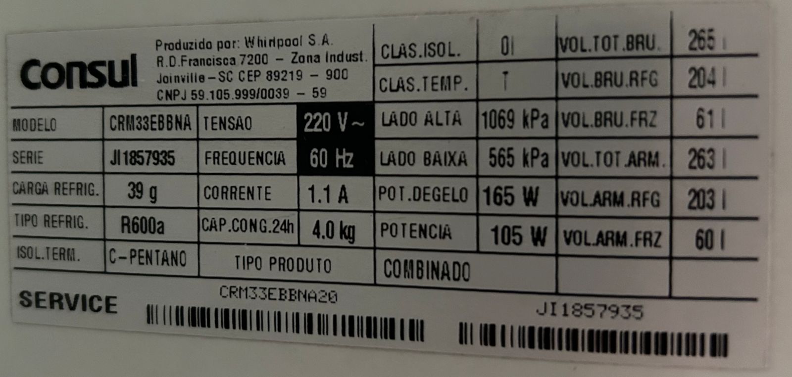 Geladeira Consul 265L 105W